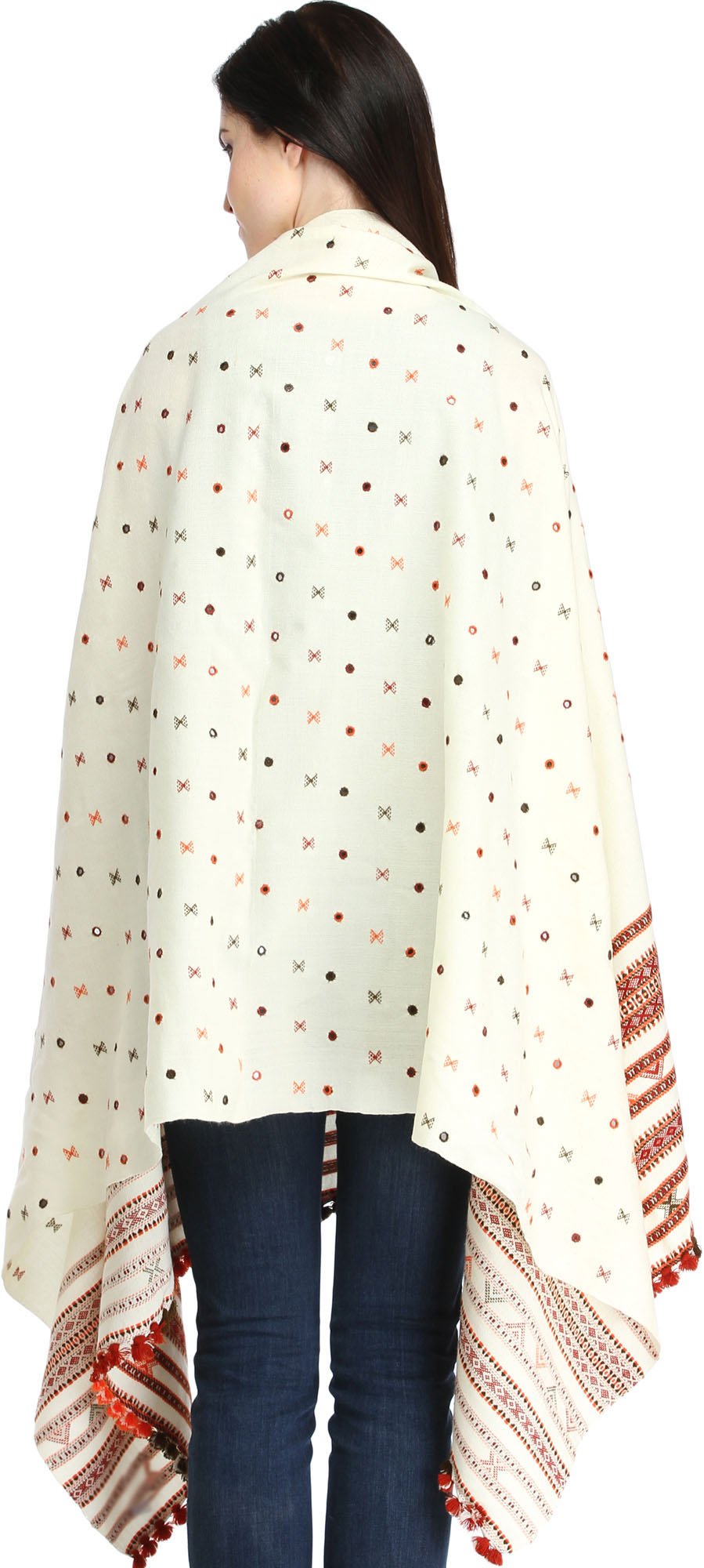 Exotic India Women's Shawl from Kutch with Woven Border and Embroidered Mirrors Pure Wool Shawl (SWJ71--cream)