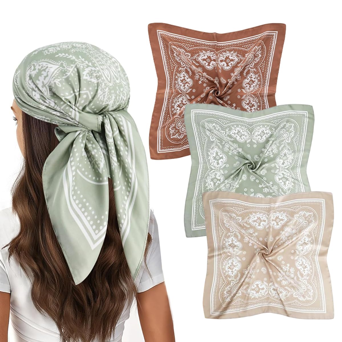 SANNIDHI 3 Pcs Satin Bandanas for Women, Stylish Head Scarf, 70x70cm