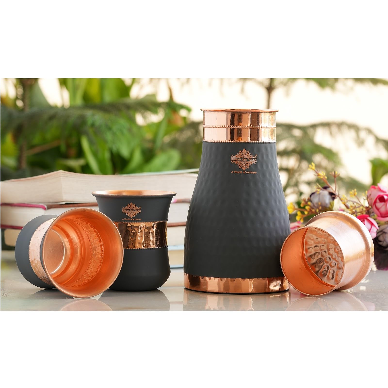INDIAN ART VILLA Copper Bedroom Bottle & Glass Set - Grey Silk Finish, 1100 ml - Elegant Drinkware Gift Set