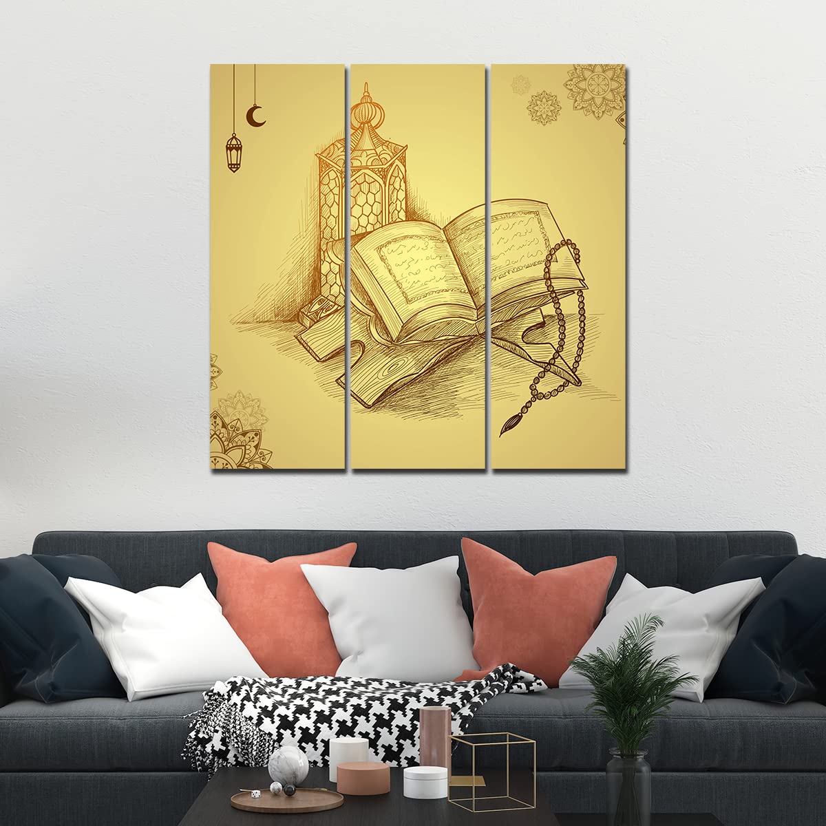 VIBECRAFTS The Holy Book Quran 3 Pieces Canvas Wall Painting Fitted With Wooden Frame For Home | Office | Living Room | Gifts (PTVC3Pcs1_9587)