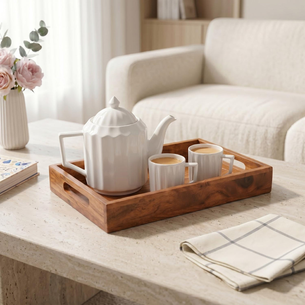 Nestasia Wooden Serving Tray with Handles (36x20cm) - Acacia Wood Rectangular Brown Tray for Dining & Coffee Table | Platter for Serving Tea, Cakes, Snacks, Breakfast & Home Décor (Warm Honey-Brown)