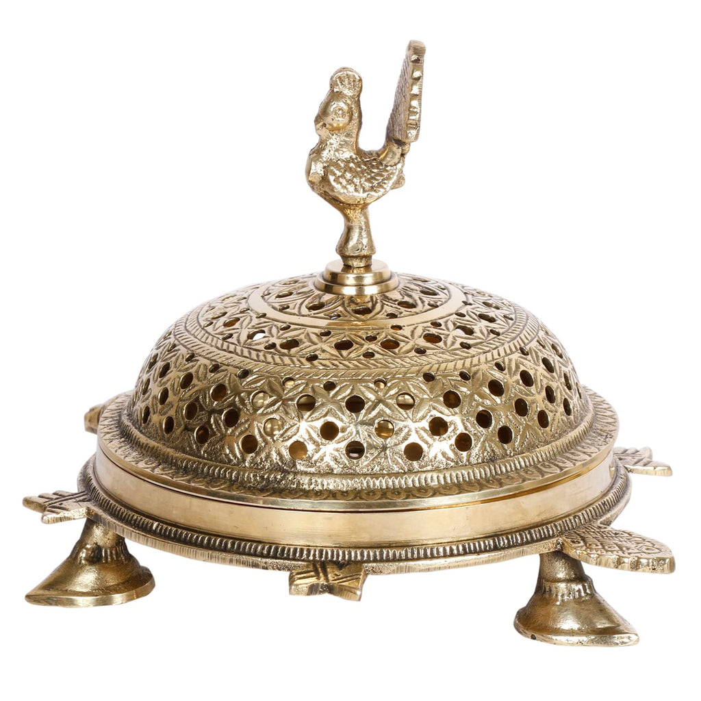 Artvarko™ Brass Tortoise Peacock Incense Burner - Loban Dhoop Dani for Home, Office, Temple, God Puja (6.5x5x4.5 Inches)
