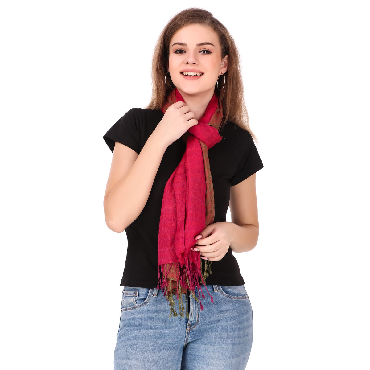FWC Fill With Colours Female Stole/Scarf For Girl/Ladies Colour- Red & Brown Soft Viscose Cotton Blend Ethnic Pattern Scarves Pack Of 1 ST-39