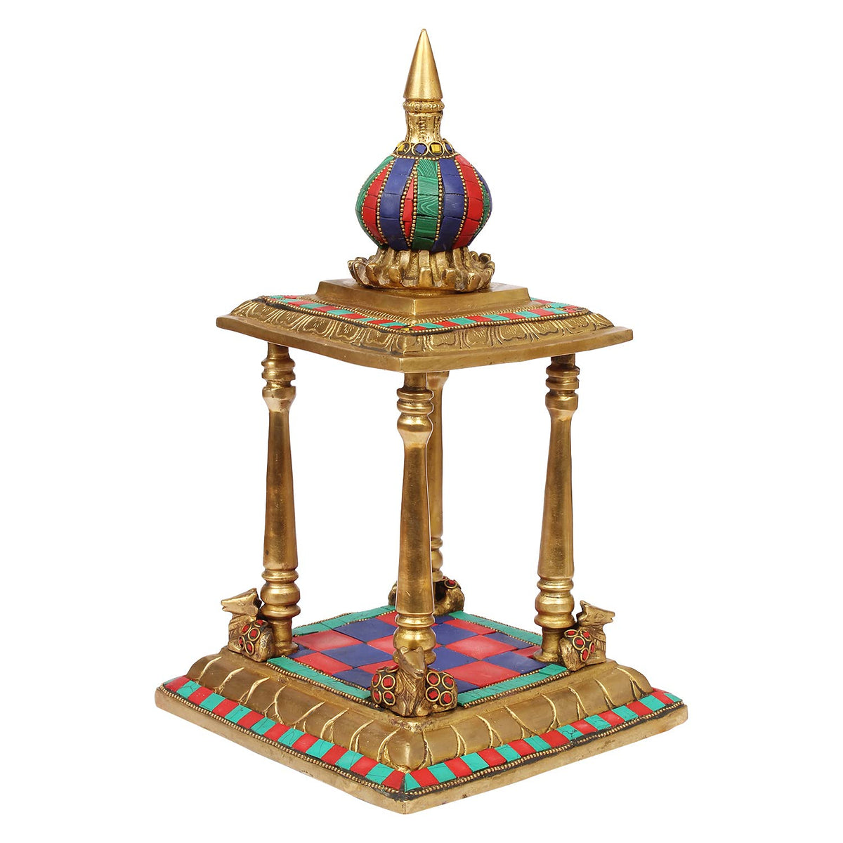 ARTVARKO™ Brass Temple Handcrafted Multicolor Gemstone for Goddess Pooja Ghar Mandir Height 13 Inch.