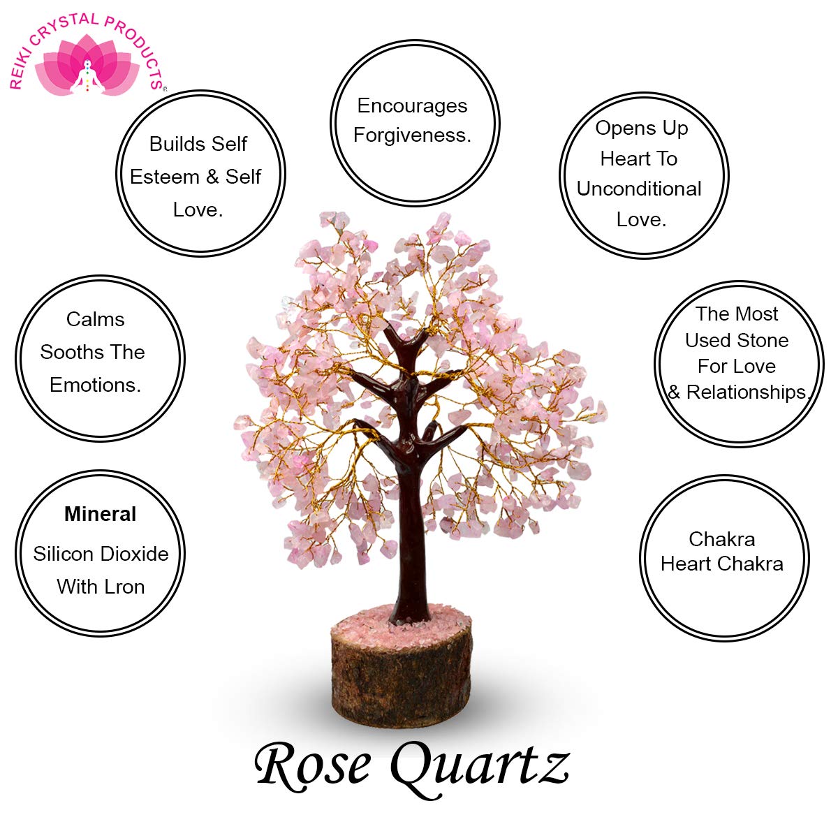 Reiki Crystal Products Rose Quartz 500 Bead Crystal Stone Tree | Natural Gemstone Money Tree for Love, Harmony, Emotional Balance & Positive Energy | Home Office Décor, Vastu & Feng Shui Gift