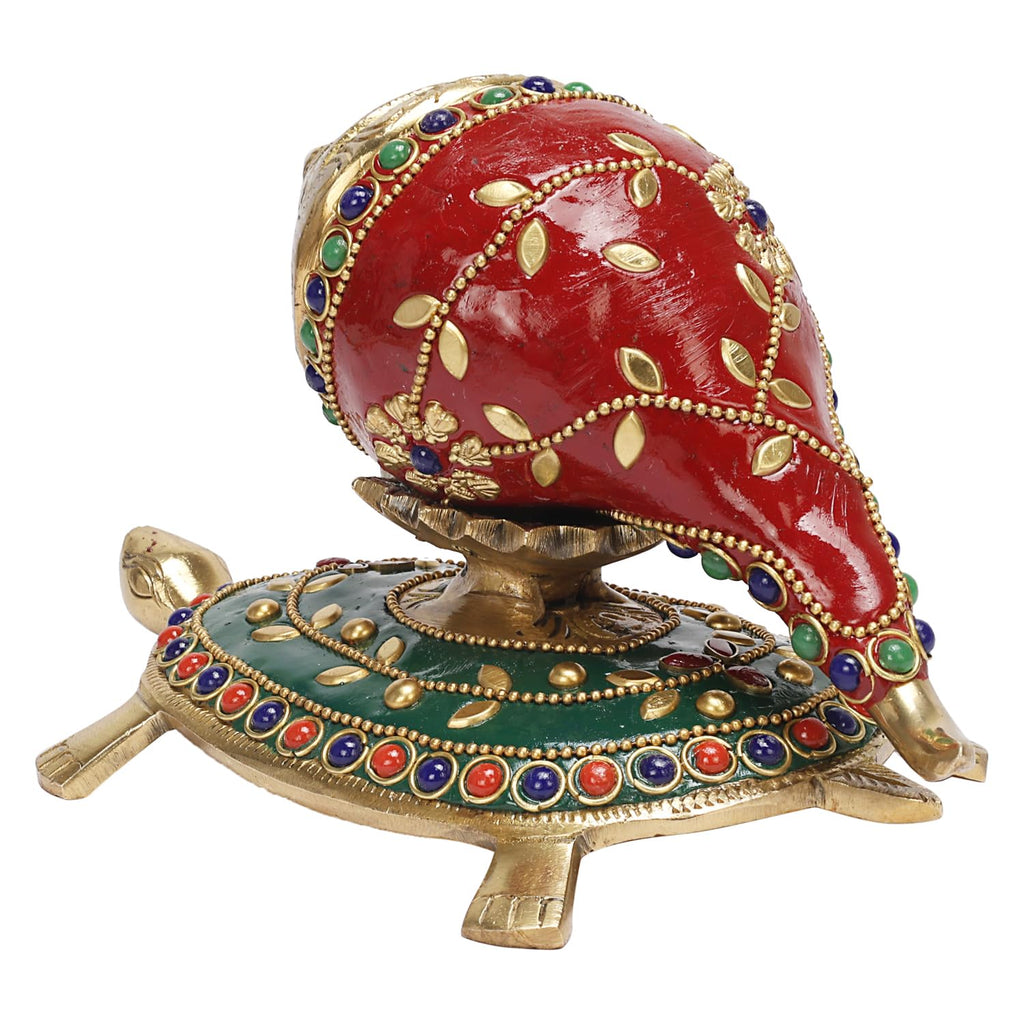 ARTVARKO Brass Shankh with Stand Tortoise Conch Holder Multicolor for Home Office Temple Mandir Pooja Puja Room Brings Prosperity 8 Inch