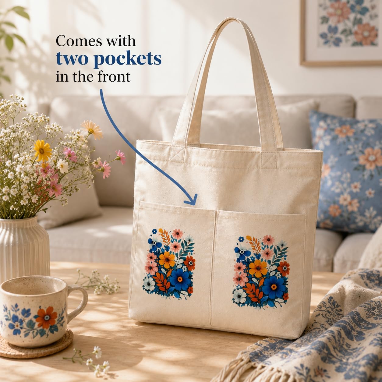 Suryatra Wildflower Bouquet Canvas Tote Bag for Women & Men | Premium Cotton Canvas Shoulder Bag with Dual Front Pockets | Tote Bag for Office, College, Shopping & Travel | Natural | 14 x 16 Inches