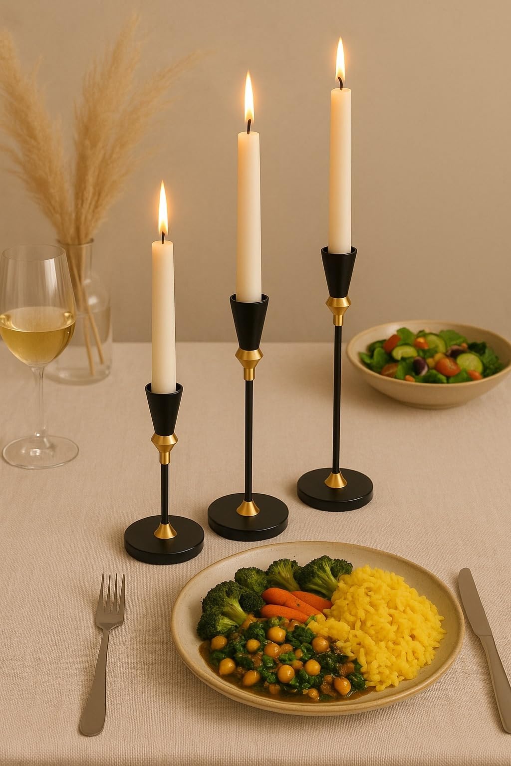 FIDEO Royal Chapel Elegance Acrylic Black Candle Holders Set of 3 | Gold Finish Taper Candle Stand | Premium Decorative Candle Holder for Dining Table Christmas Home Decor Gifting