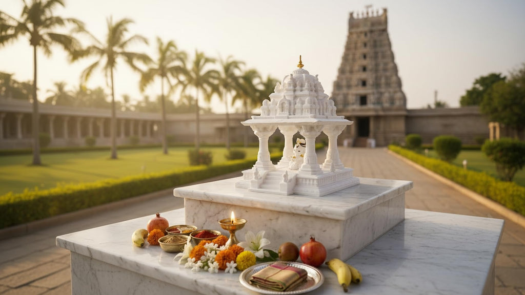 White Marble Finish Temple, Home Puja Mandir with Deity Figurine, Table Top Pooja Stand, Pack of 1