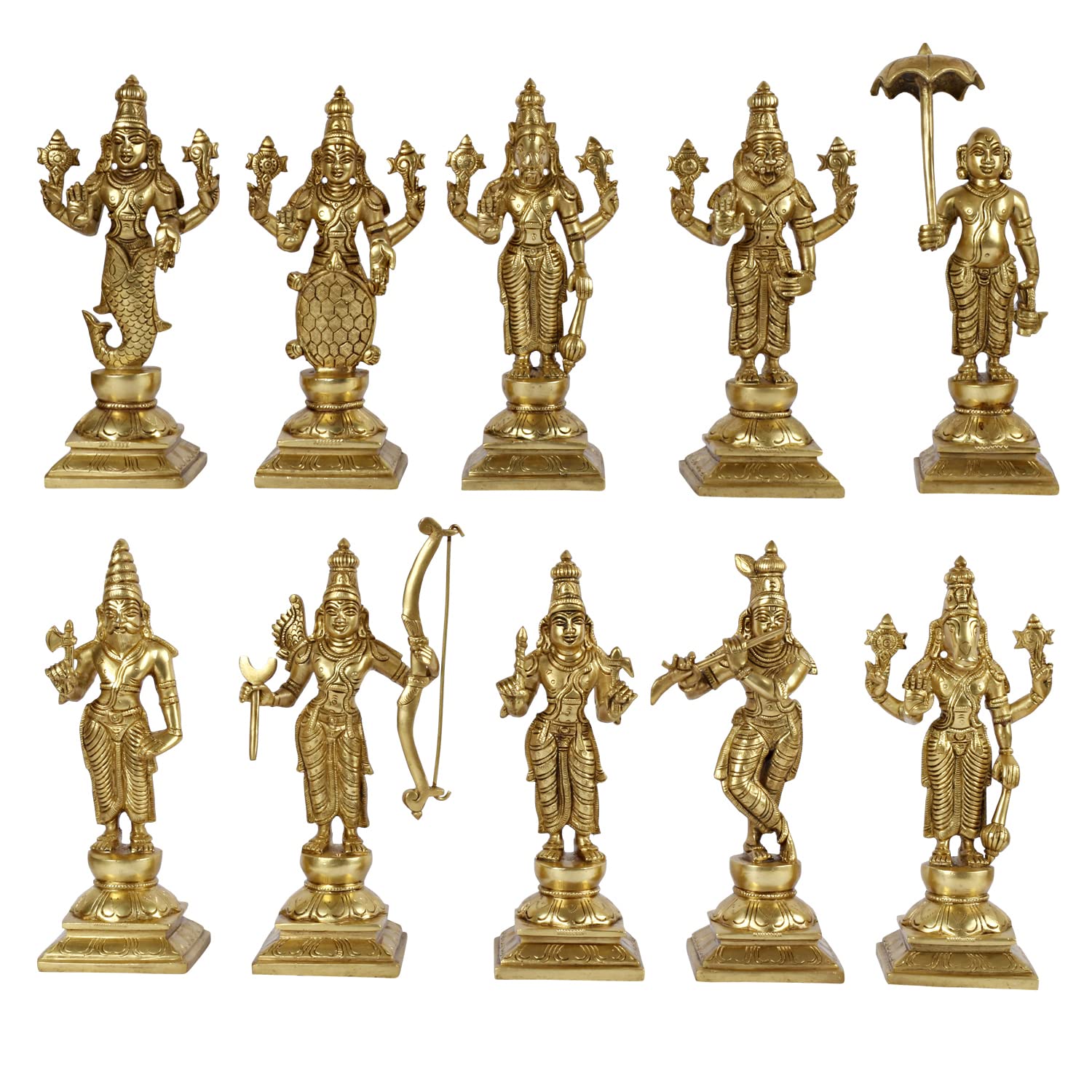 ARTVARKO Brass Dashavatara Dasavatharam of Lord Vishnu Statues Ten Incarnations Avatars Idol Murti for Mandir Puja Temple Height 9.5 Inches