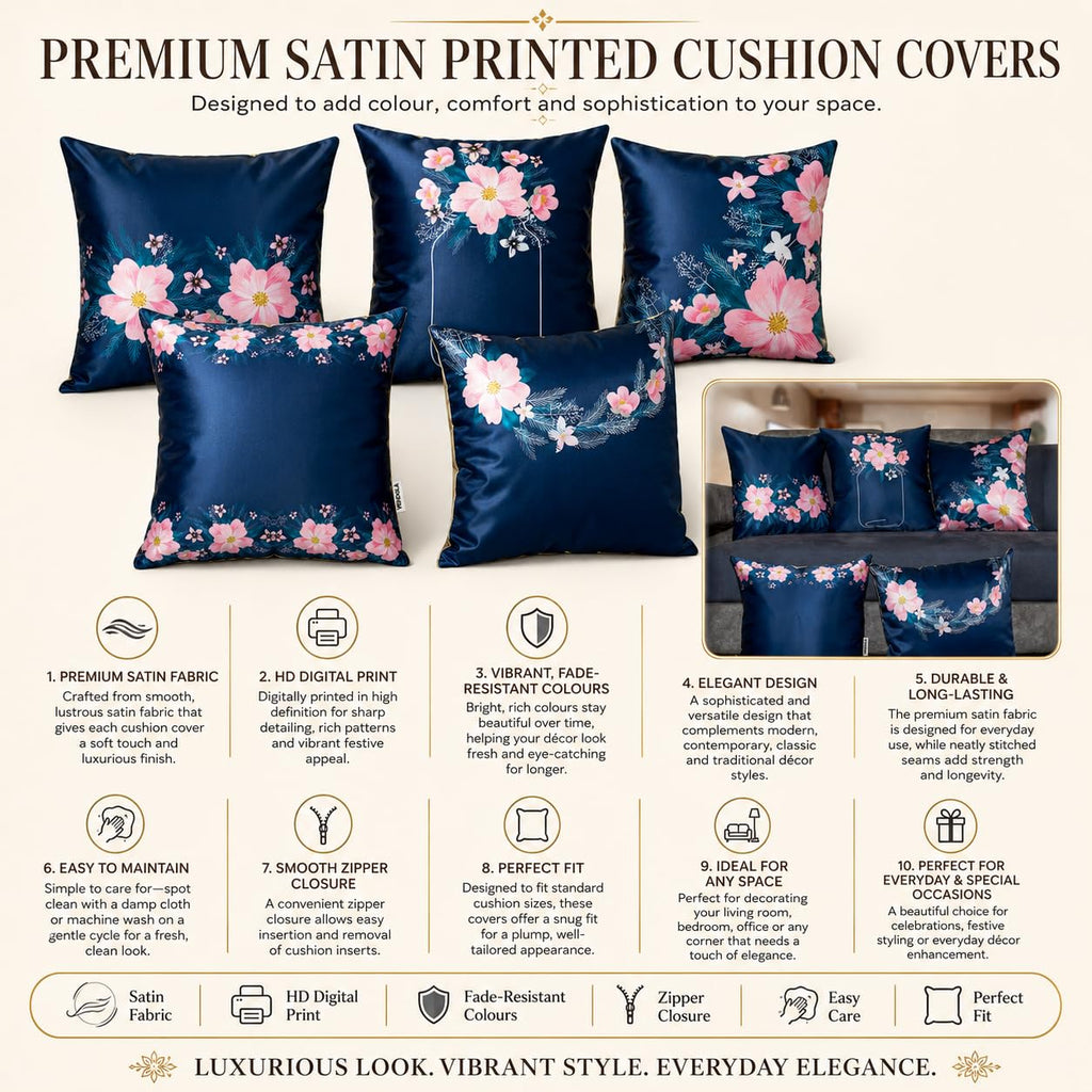Vendola Decorative Satin Sofa Cushion Covers Set of 5, 24 Inch x 24 Inch 5 Piece, Sofa Big Cushion Pillow Cover, Navy Blue, White and Pink Colour, Floral Design, Zipper Closure (Hana, 24X24 Inches)
