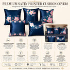 Vendola Decorative Satin Sofa Cushion Covers Set of 5, 24 Inch x 24 Inch 5 Piece, Sofa Big Cushion Pillow Cover, Navy Blue, White and Pink Colour, Floral Design, Zipper Closure (Hana, 24X24 Inches)