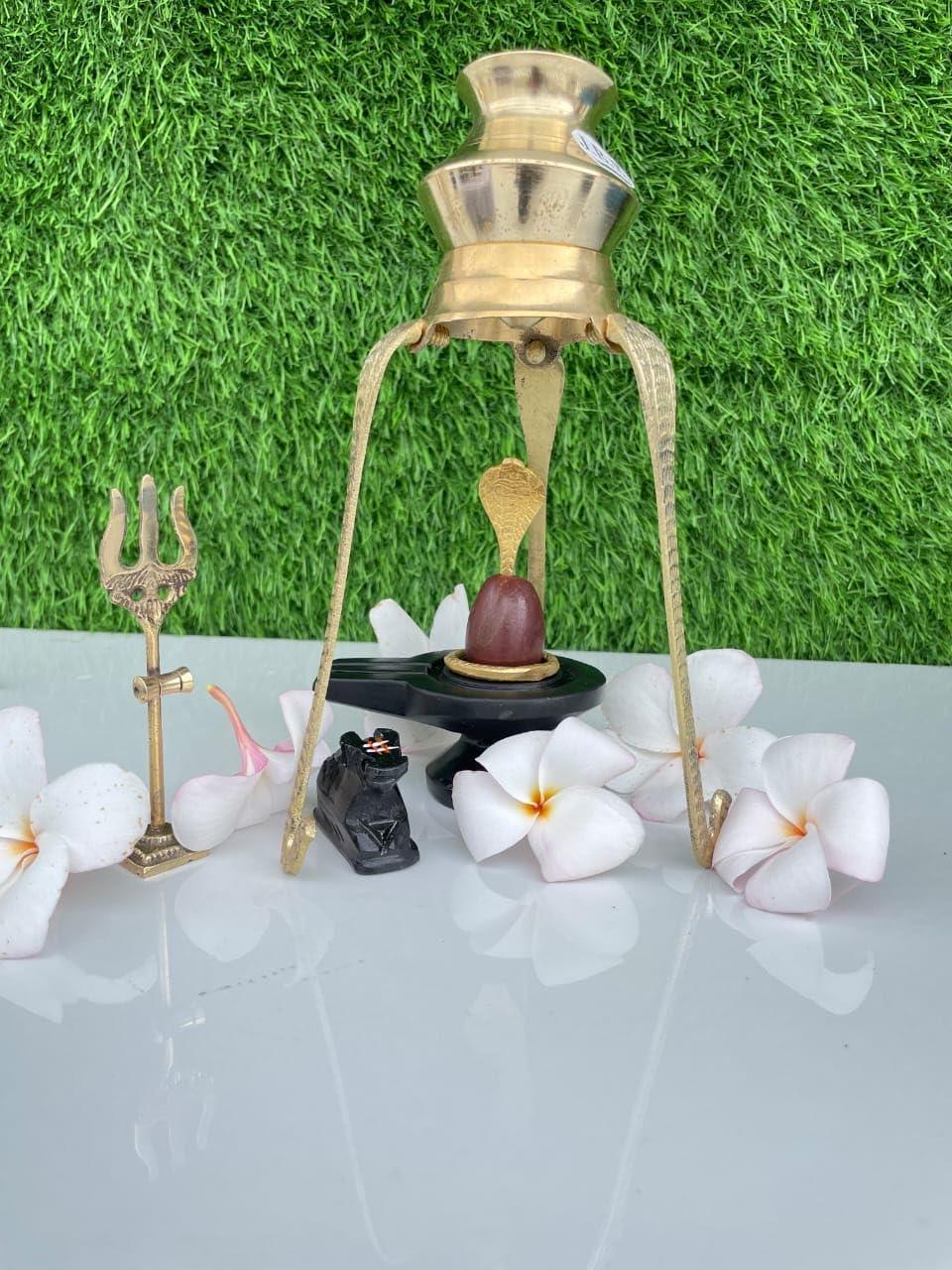 Narmadeshwar Shivling Ardhanareshwar Religious Statue Set with Brass Stand, Black and Gold