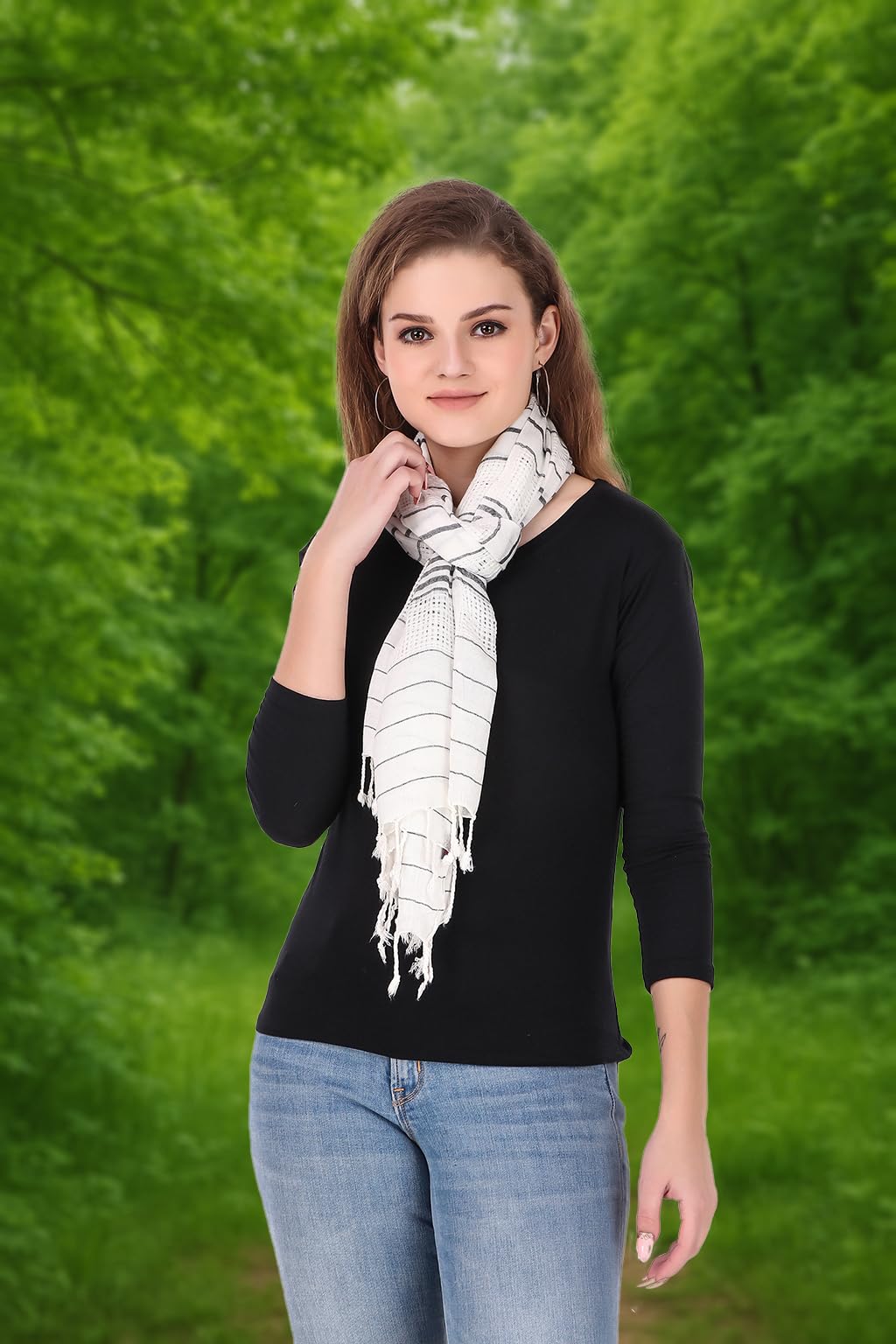 FWC Fill With Colours Stole/Scarf For Female Colour- White Soft Viscose Cotton Blend Ethnic Stripes Pattern Scarves Pack Of 1 ST-15