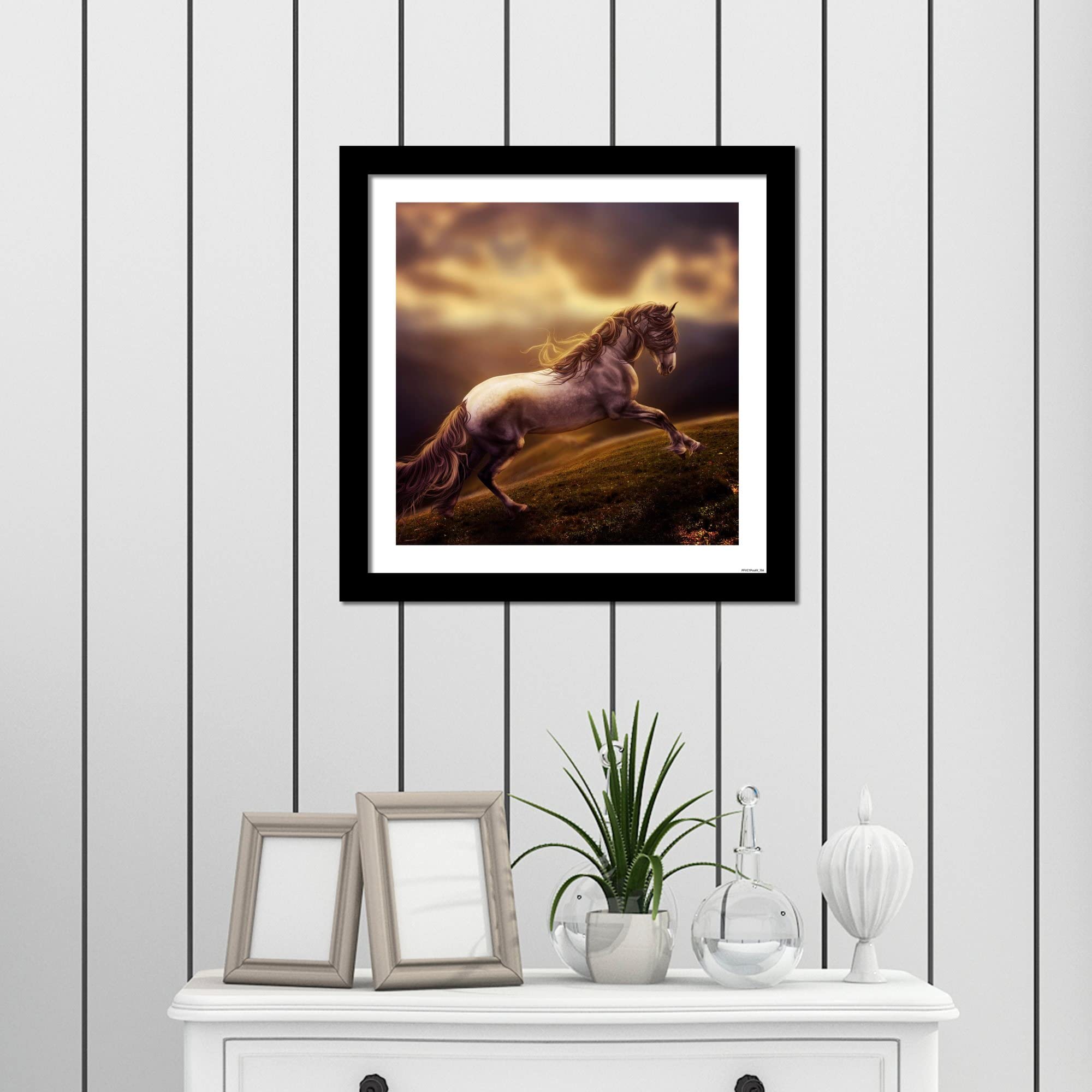 VIBECRAFTS Quality Wall Frame Painting of White Horse With Golden Hair Digital Reprint Posters with Synthetic Wooden Frame Home, Office Decorative Gift Item(11 inch x 11 inch)(PFVC1Pcs4_704)
