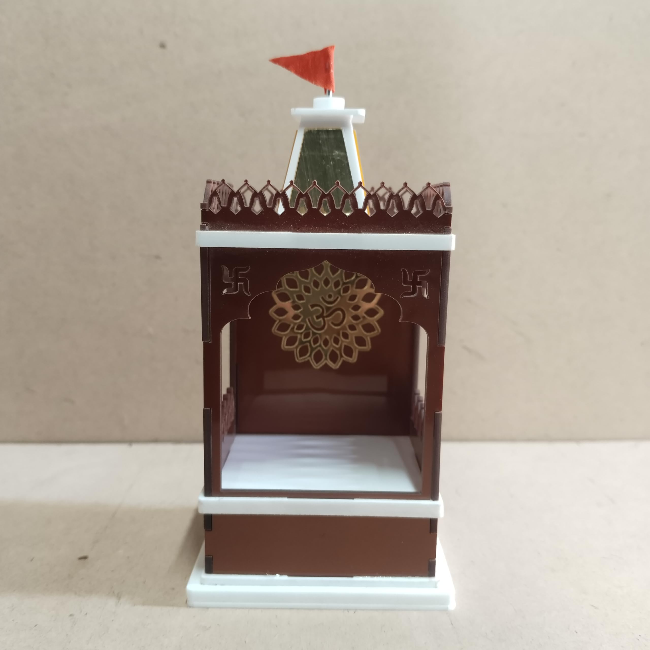 Solar Rechargeable Mini Mandir for Car and Office Desk, White with Gold Accents, Without Idols (Metallic Brown)