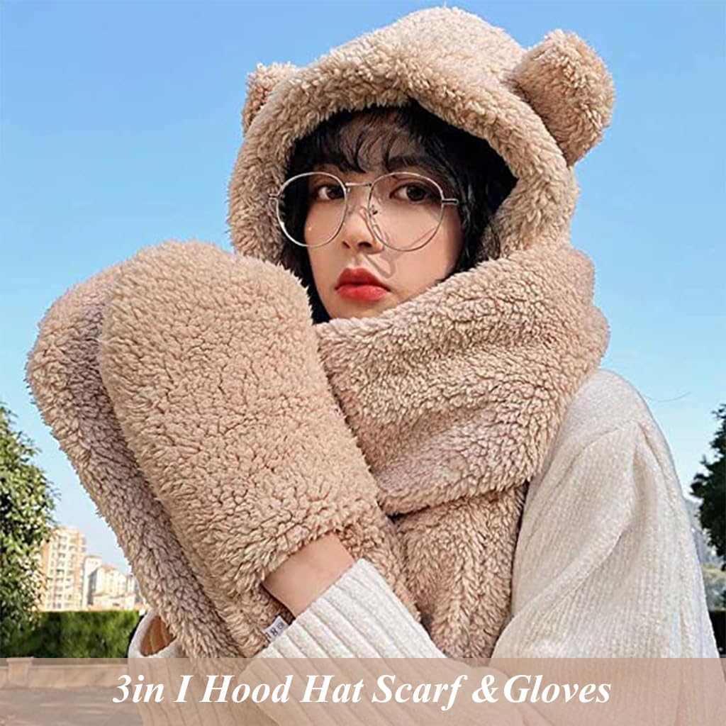 PALAY Bear Ear Winter Cap for Women with Long Scarf and Integrated Gloves