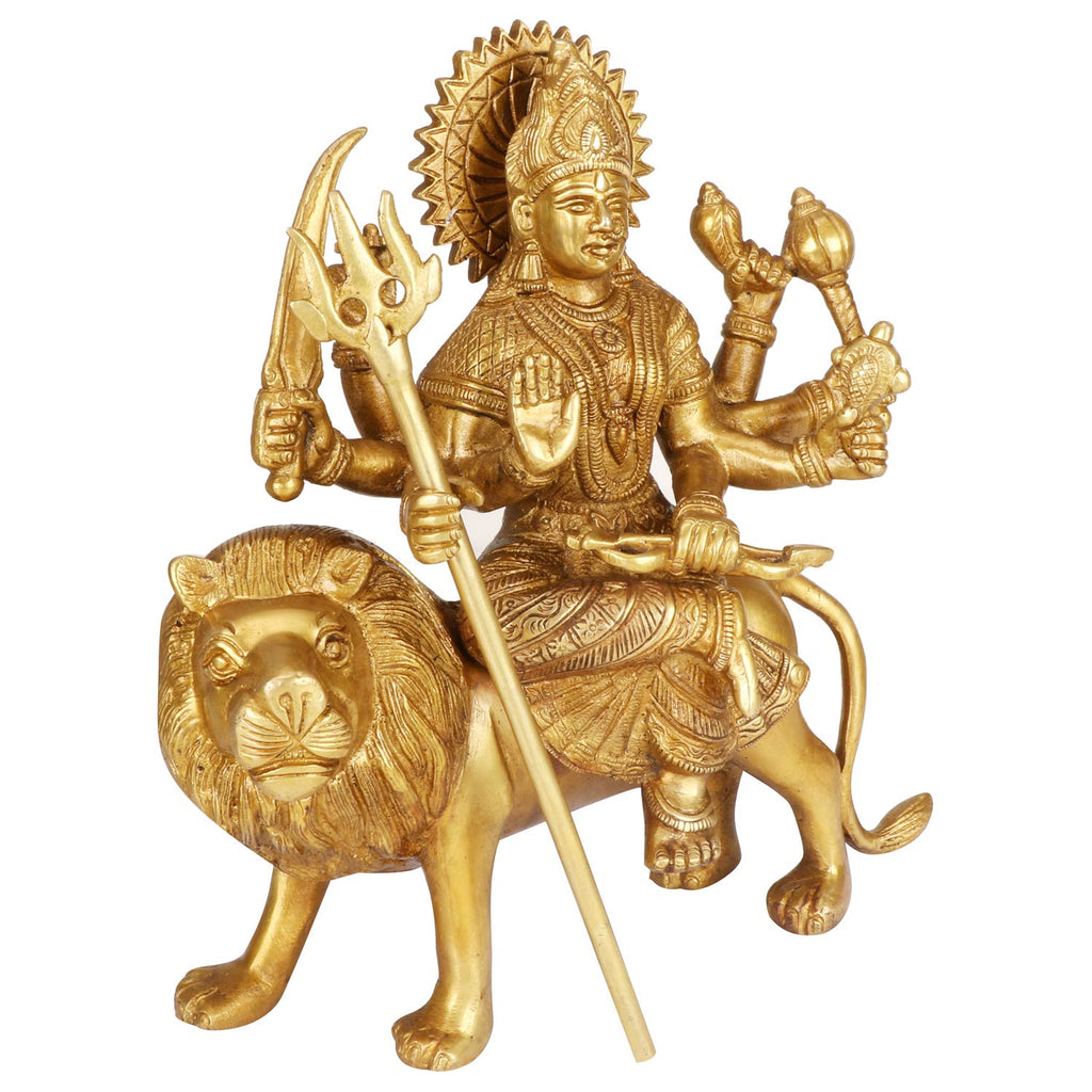 SVARUP Brass Maa Durga Idol Sitting On Lion Ma Sherwali Murti Vaishno Devi Statue for Home Mandir Gift Navratra Puja 9.5 Inch Gold Color