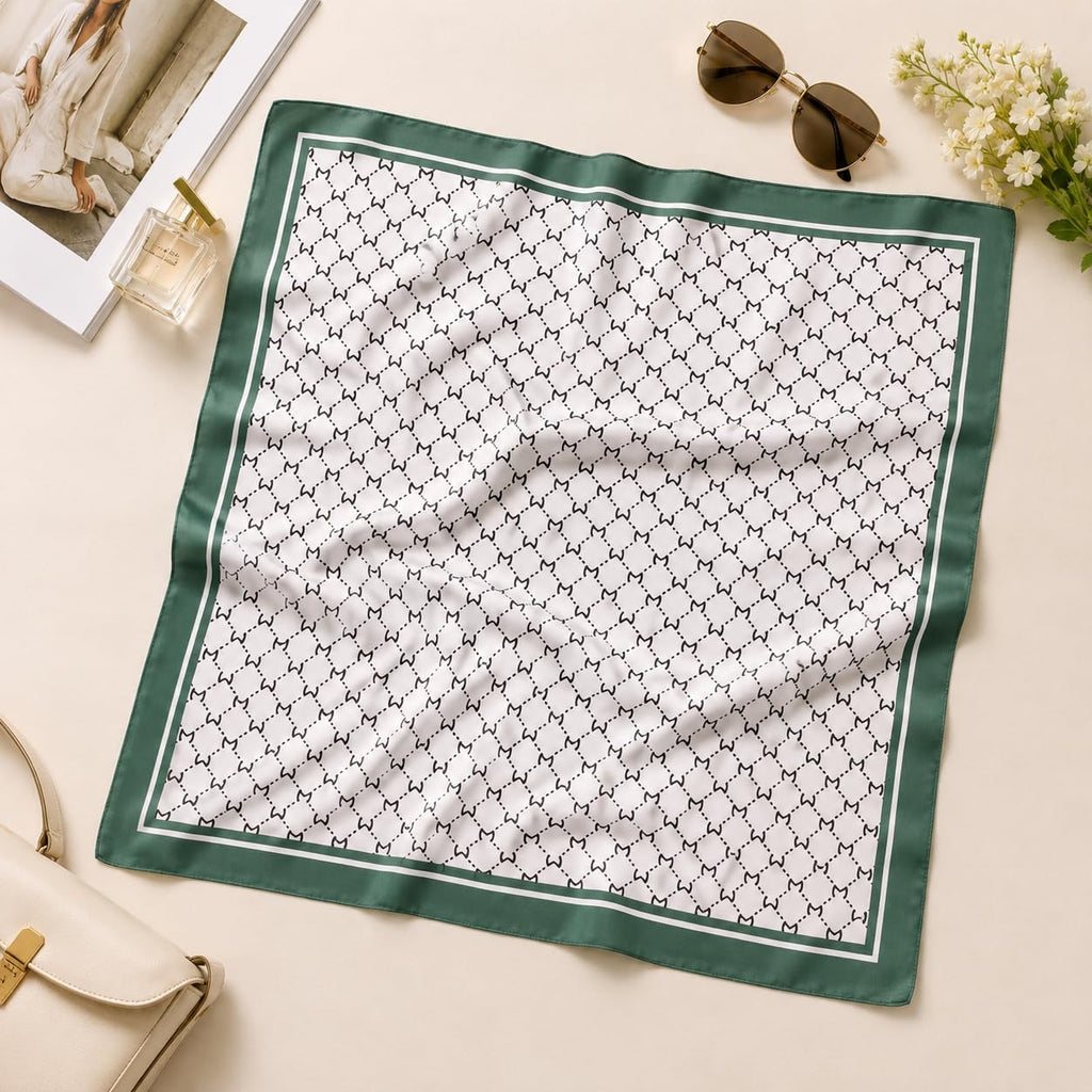 ESTA Satin silk-feel Head Scarf for Women Stylish Bandanas for Women Head Neck Stole Wrap Emerald Green Geometric Lattice Print Square Bandana Gift (27.5x27.5inch)
