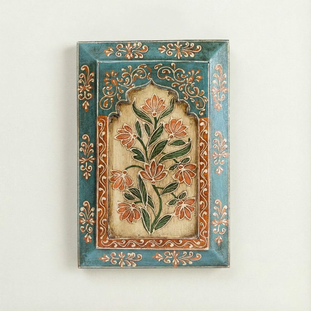 ATRANGI STUDIO Handpainted Wooden Wall Frame | Rajasthani Traditional Craft | Decorative Floral Wall Hanging Art for Living room, Bedroom, Office | 12×8 Inch, Touquoise