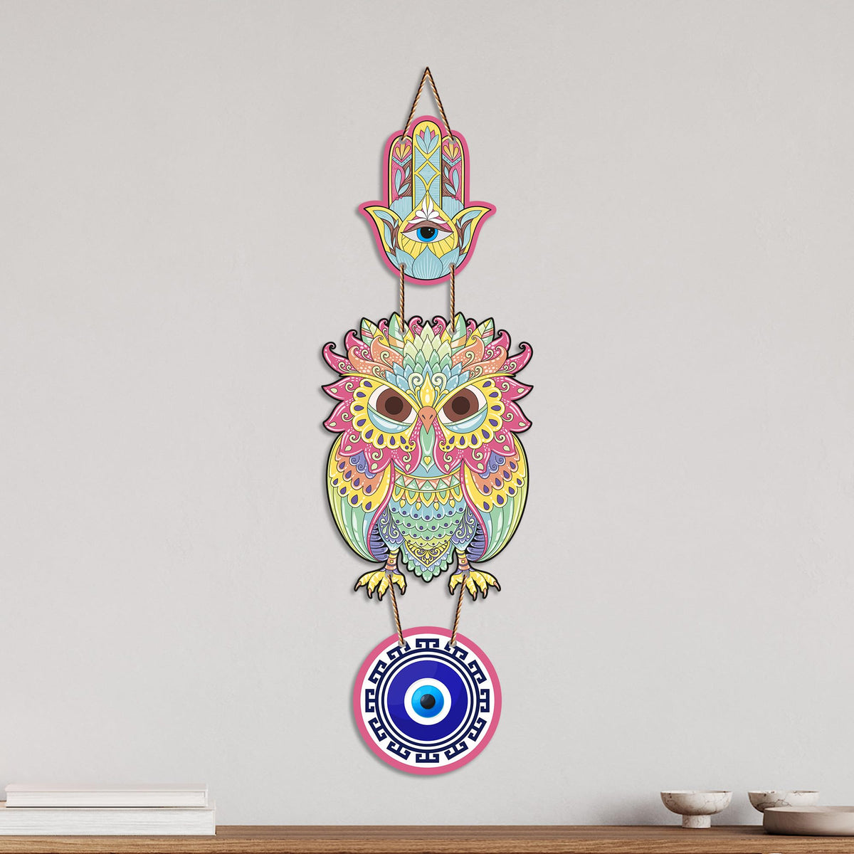 Artvibes Decorative Owl Evil Eye Hanging for Home Entrance | Lucky Charm Nazar Protection MDF Wall Art | Vastu Accent for Living Room | Office | Balcony & Main Door | Housewarming Gift (WH_8530N)