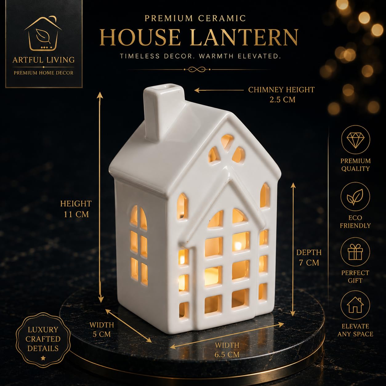 Artful Living India-Ceramic House Tealight Candle Holder – Decorative Light for Diwali, Christmas & Home Decor | White | Handmade Studio Pottery | Free LED Light | Pack of 1 | GlowNest