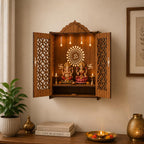 FA6 Wooden Home Temple Mandir for Pooja Room 3 MM Premium MDF Laser Cut Pooja Mandir with Doors & Storage Shelf Compact Tabletop Home Temple 15 x 12 x 7 Inch