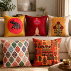 Vendola Decorative Satin Sofa Cushion Covers Set of 5, 12 inch x 12 inch, Sofa Pillow Cover, Ethnic Festive, Red, Yellow, Beige, Namaskar Welcome, Zipper Closure (Namaskar, 12X12 Inches)