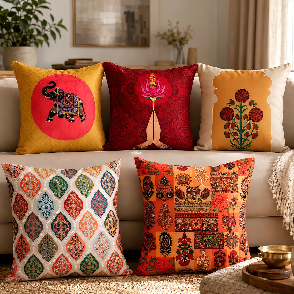 Vendola Decorative Satin Sofa Cushion Covers Set of 5, 16 inch x 16 inch, Sofa Pillow Cover, Ethnic Festive, Red, Yellow, Beige, Namaskar Welcome, Zipper Closure (Namaskar, 16X16 Inches)