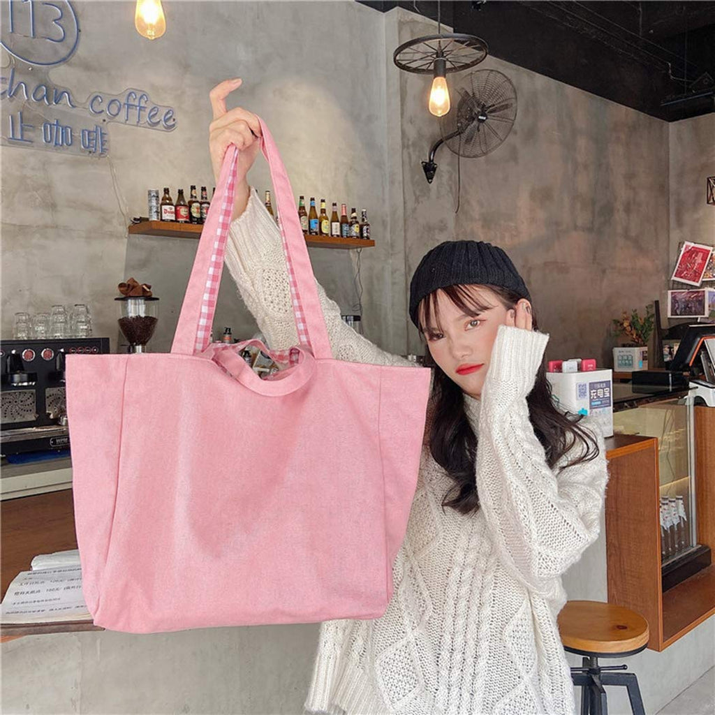 Anjetan Reversible Shoulder Bag Large Capacity Plaid Shoulder Bag Cotton Tote Bag Shopping Tote Bag Plaid Canvas Bag Cotton Tote Bags