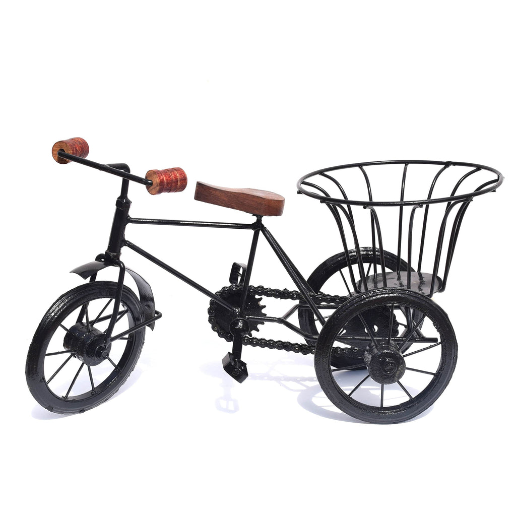 Pure Source India Iron and Wooden Cycle Rickshaw for Flower, Home Decor and Showpiece Kids Toy, Without Flowers (Black-13 X 5.5 X 7.5 INCH)