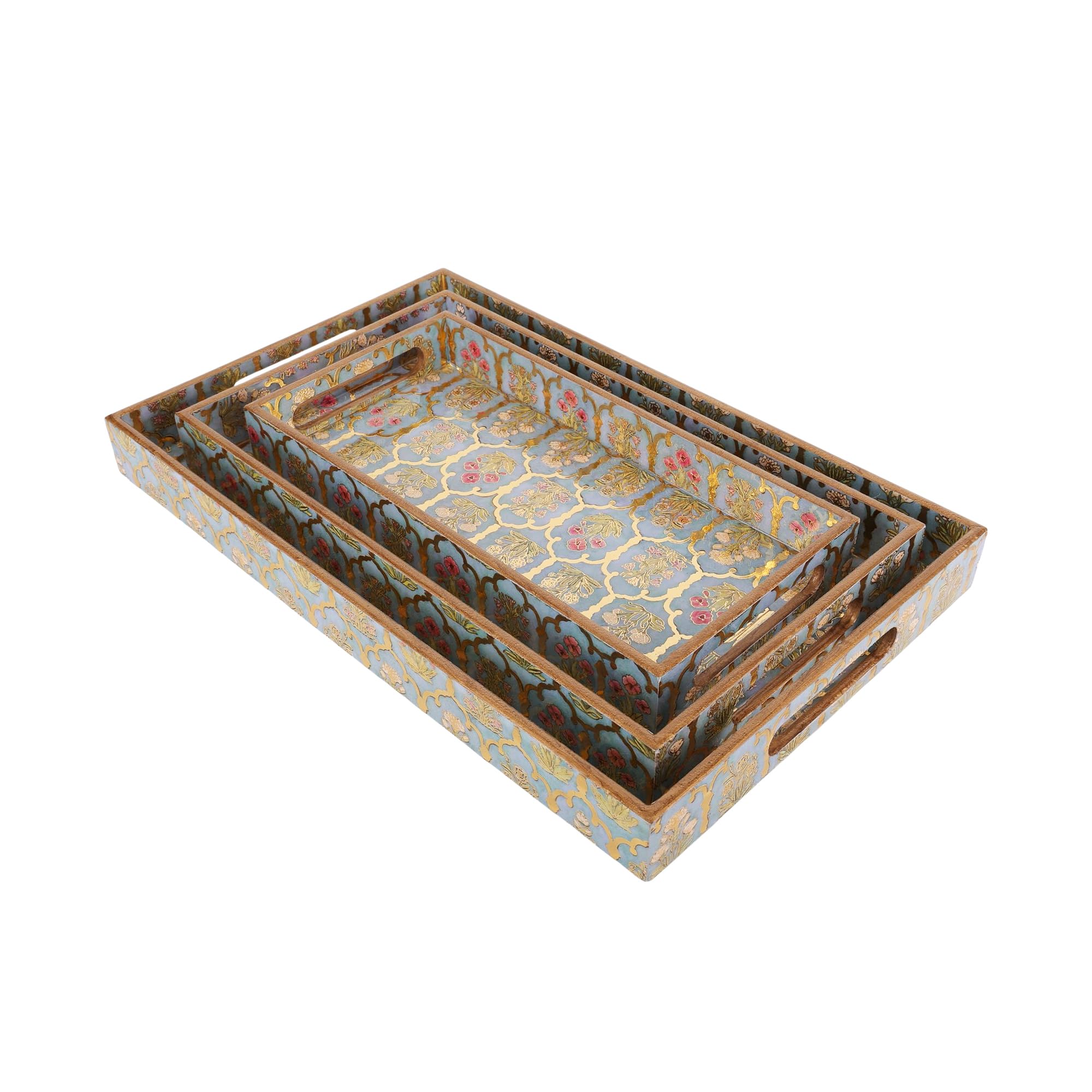 TrayFi Rectangular Wooden MDF Serving Trays Set of 3 (16x10, 14x8, 12x6 Inches) – Enamelled Finish with Easy-Grip Handles, Perfect for Dining, Tea, Snacks & Home Decor (Green Tribal Bloom)