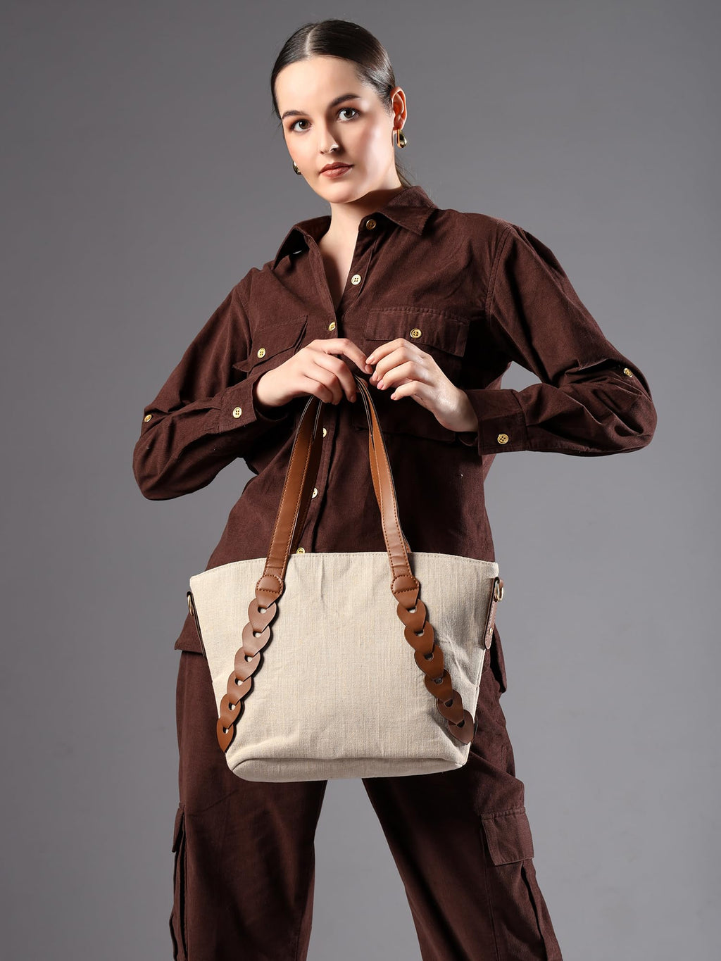 ENSAC Premium Cotton Jute Tote Bag for Women, Stylish Handbag for women with Zip Closure | Fit for Office Bag, College, Travel Use | Handcrafted in India (Beige)