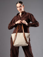 ENSAC Premium Cotton Jute Tote Bag for Women, Stylish Handbag for women with Zip Closure | Fit for Office Bag, College, Travel Use | Handcrafted in India (Beige)