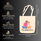snapiq COTTON 350 GSM Canvas Tote Bag for Women and Girls Thick Fabric with Zipper (Beige, Dog1)