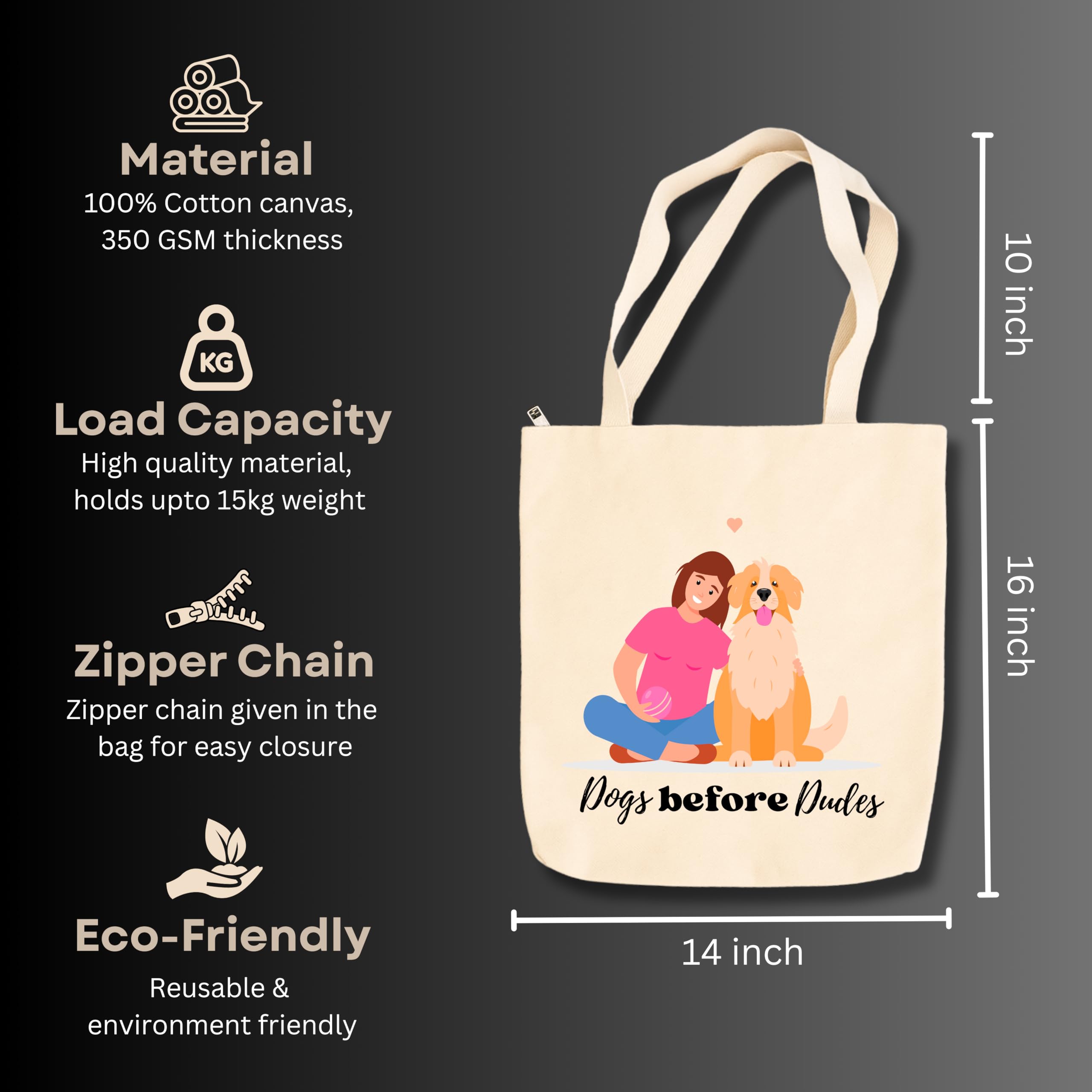 snapiq COTTON 350 GSM Canvas Tote Bag for Women and Girls Thick Fabric with Zipper (Beige, Dog1)