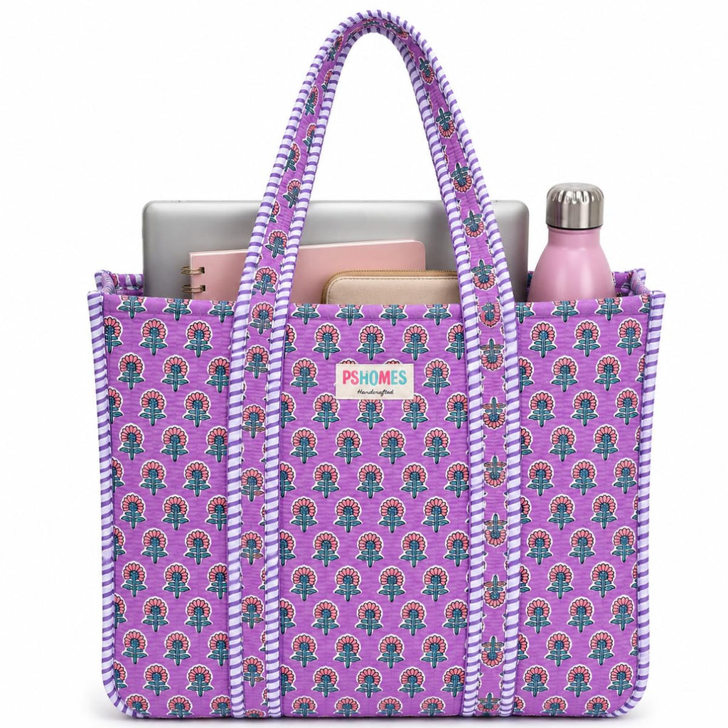 PShomes Large Cotton Tote Bag 18x18 Inches – 100% Cotton Shoulder Bag with Inner Pocket | Reusable Eco-Friendly Carry Bag for Laptop, Shopping, Travel & Daily Use (Purple-BLOCK)