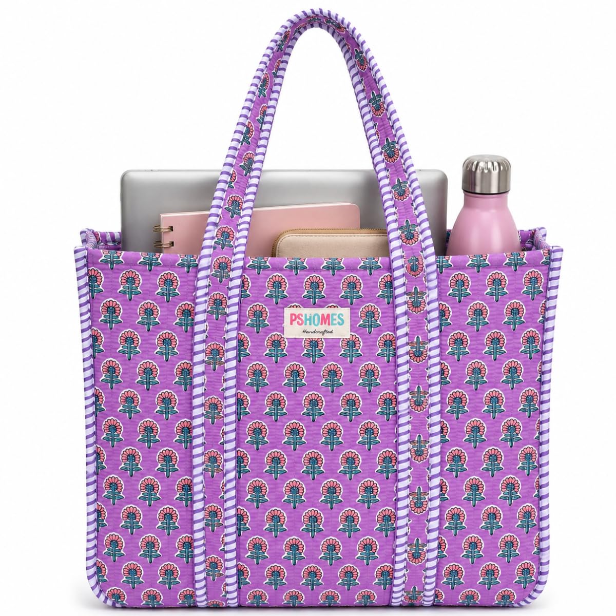 PShomes Large Cotton Tote Bag 18x18 Inches – 100% Cotton Shoulder Bag with Inner Pocket | Reusable Eco-Friendly Carry Bag for Laptop, Shopping, Travel & Daily Use (Purple-BLOCK)