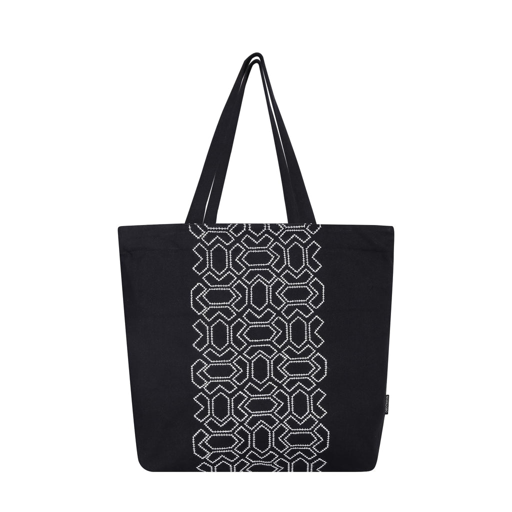 SKAPADORO Canvas Big Zip Handbag Shopping Tote,100% Cotton, Inner Pocket, Unisex Embroidered Comfortable Bag For Travel Office Beach Shopping, Easy To Wash Trendy Everyday Shoulder Bag(Black & White)