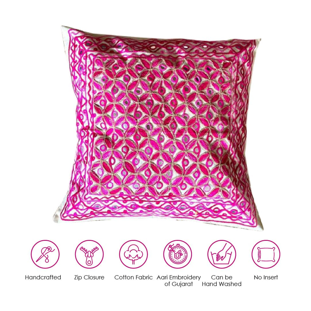 ATRANGI STUDIO Embroidered Cushion Covers - Set of 2 | Traditional Aari Embroidery | Threadwork Throw Pillow Covers with Zip Closure | Perfect for Sofa, Bed, Chair | 16x16 Inch, Pink