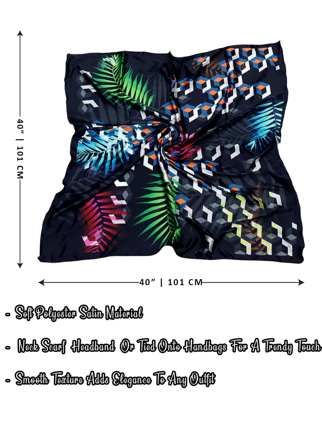 leeza store Women's Premium Silk Scarf For Women | Midnight Navy Blue | 40X40 Square Scarf | Vibrant Modern Fusion Print | Soft Lightweight Neck Wrap, Hair Scarf, Stole & Head Scarf