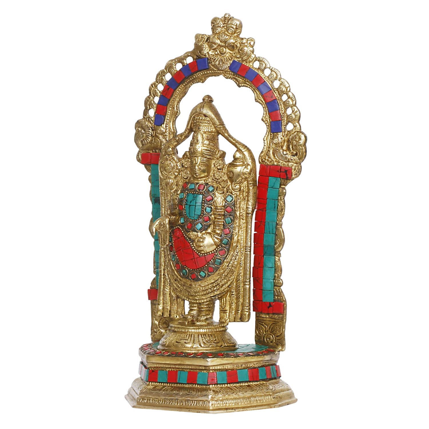 ARTVARKO Lord Tirupati Balaji | Sri Venkateswara Brass Statue with Multicolor Stone Work Religious Strength God Sculpture Idol Height 12 Inches