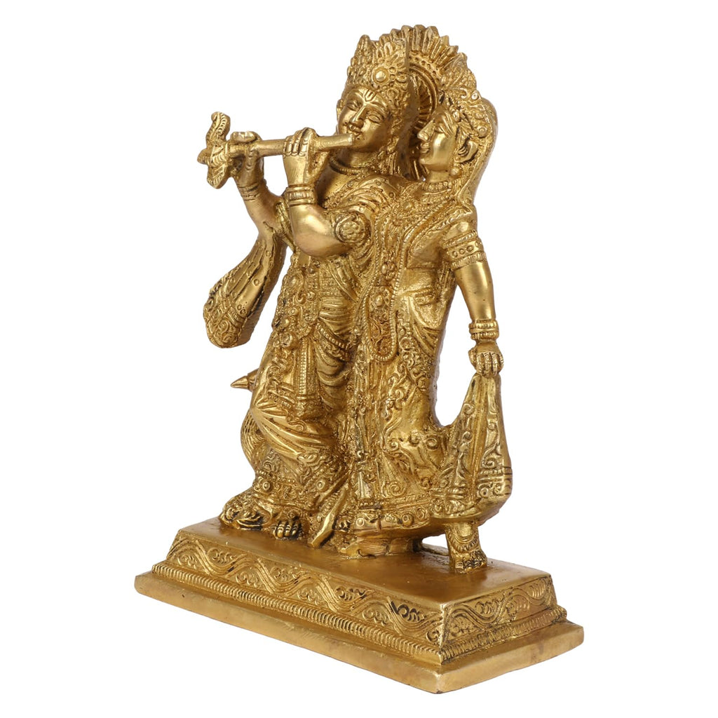 SVARUP Brass Radha Krishna Murti with Peacock in Gold Color Height 8 inch