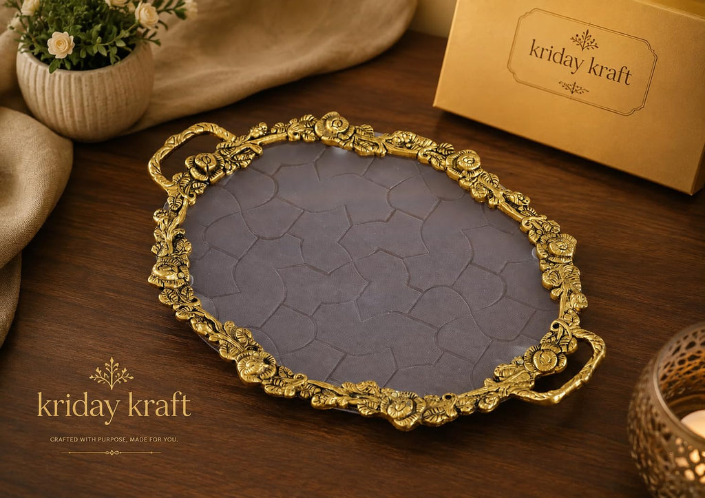 KridayKraft Hand Crafted Metal Rose Ovel Shape Tray for Home Centre Dining Table Serving Dry Fruits