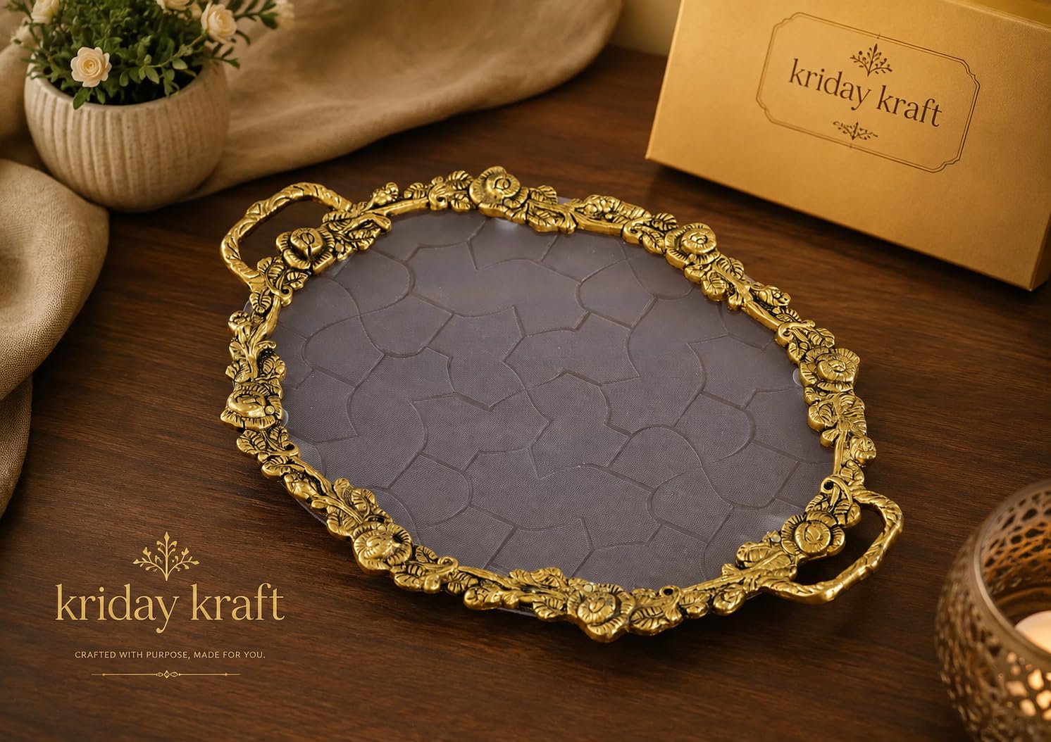 KridayKraft Hand Crafted Metal Rose Ovel Shape Tray for Home Centre Dining Table Serving Dry Fruits