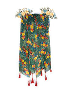 Chandwasia Fashion Floral Printed Scarf | Neck Shoulder Head Wrap Styling Dupatta Use | Polyester Chiffon Fabric Tassel Border Lightweight Pattern Women - Green