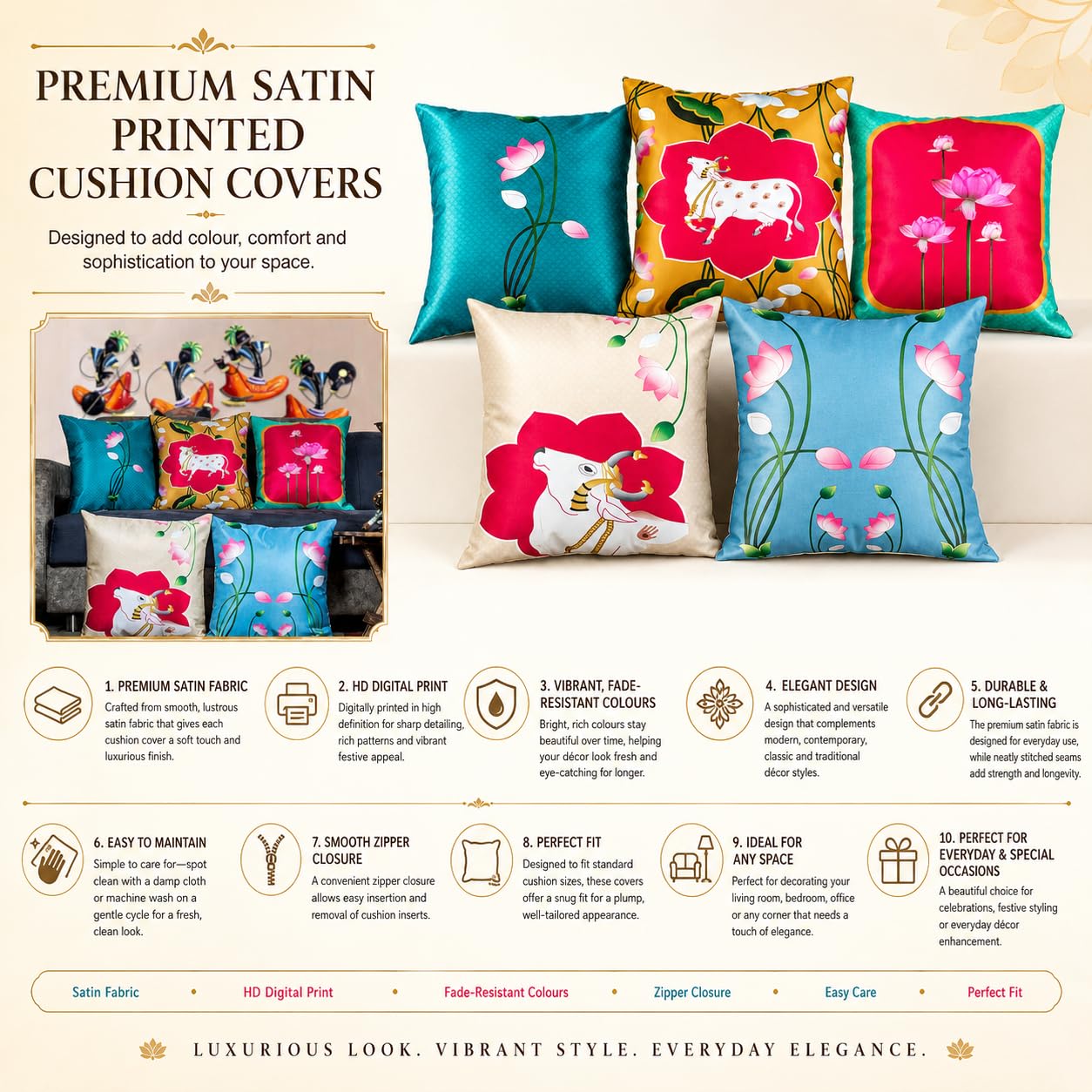 Vendola Decorative Satin Sofa Cushion Covers Set of 5, 12 inch x 12 inch, Sofa Pillow Cover, Ethnic Festive Cow Pichwai, Multicolor, Rajasthani Design, Zipper Closure (Lotus Cow, 12X12 Inches)
