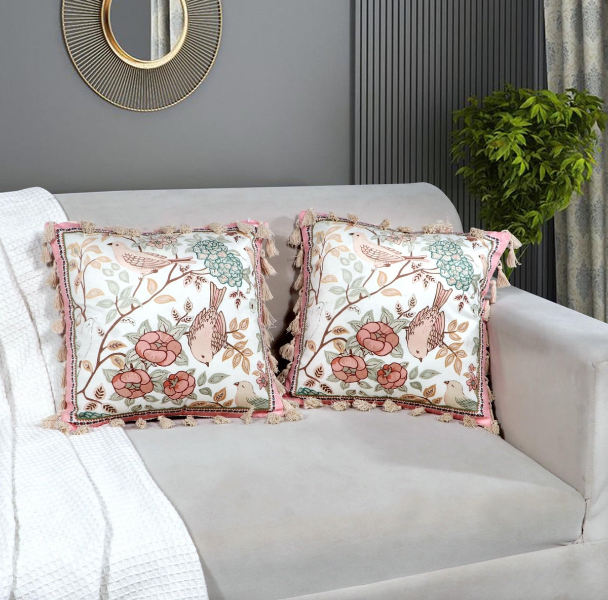 ishro home Premium Cushion Cover 16 inch x 16 inch | Set of 2 – Soft European Standard Fabric, Frill Design, Machine Washable | (2, Gul-o-Parinday, 16x16 Inch)