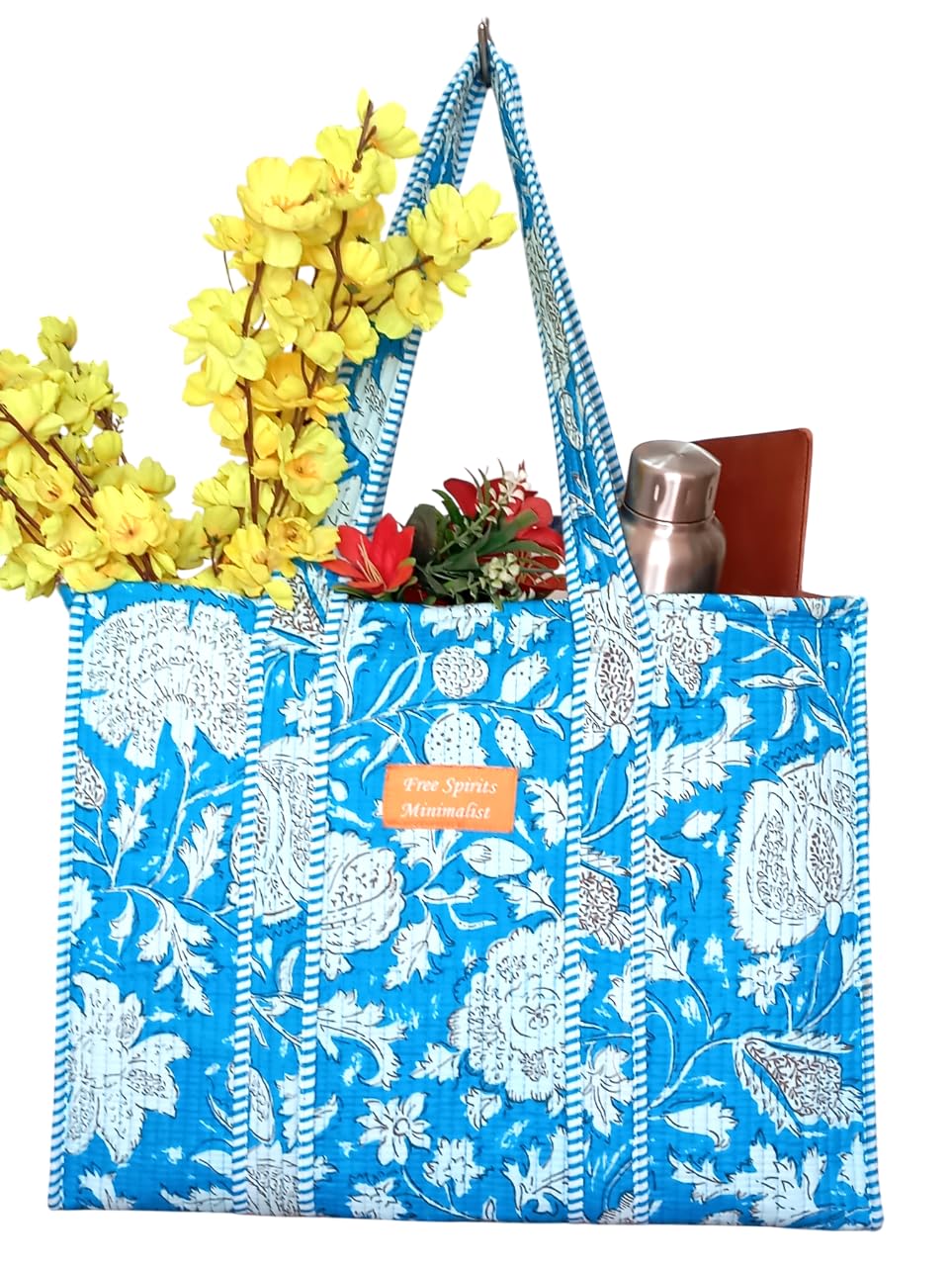 Cotton Tote bag for Women | Shoulder Bag | Reversible Bag | Durable Shopping bag | Reusable Grocery Bags | Eco friendly Bags| Handmade Cotton Bag | Stylish Quilted handBag (turqoise blue and white)