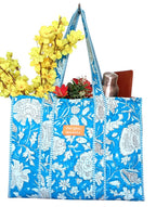 Cotton Tote bag for Women | Shoulder Bag | Reversible Bag | Durable Shopping bag | Reusable Grocery Bags | Eco friendly Bags| Handmade Cotton Bag | Stylish Quilted handBag (turqoise blue and white)